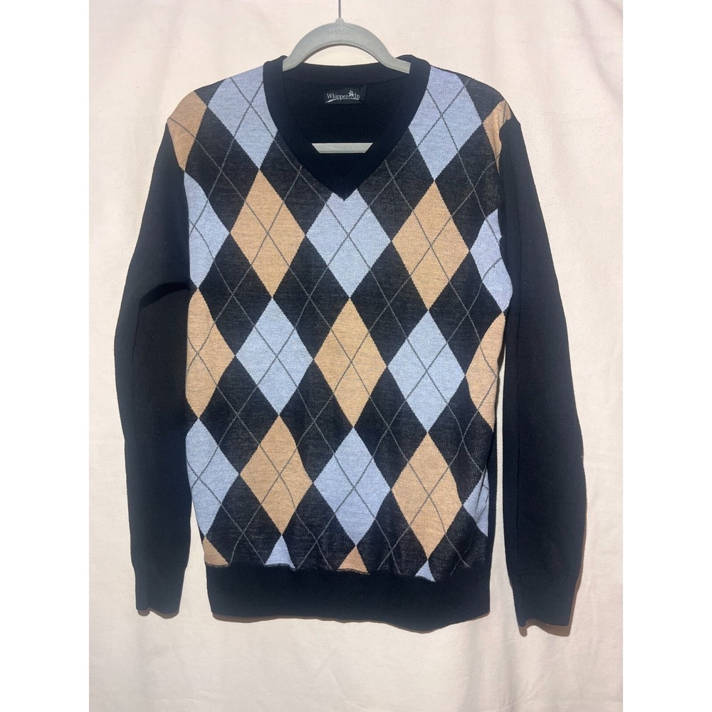 Whipper In Argyle V Neck Black Blue Pullover Men's SZ M‎ Sweater A91